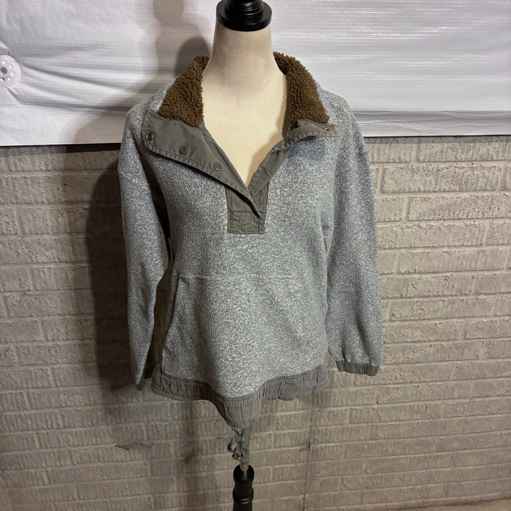 REI Co-op Womens Large Gray Fleece Pullover Sherpa Collar Snap Neck Kangaroo